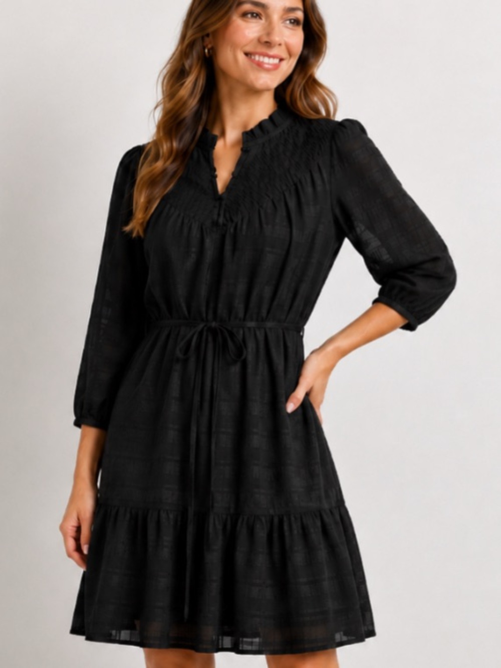 LOFT Black Long-Sleeve Tiered Smocked Yoke Dress MP